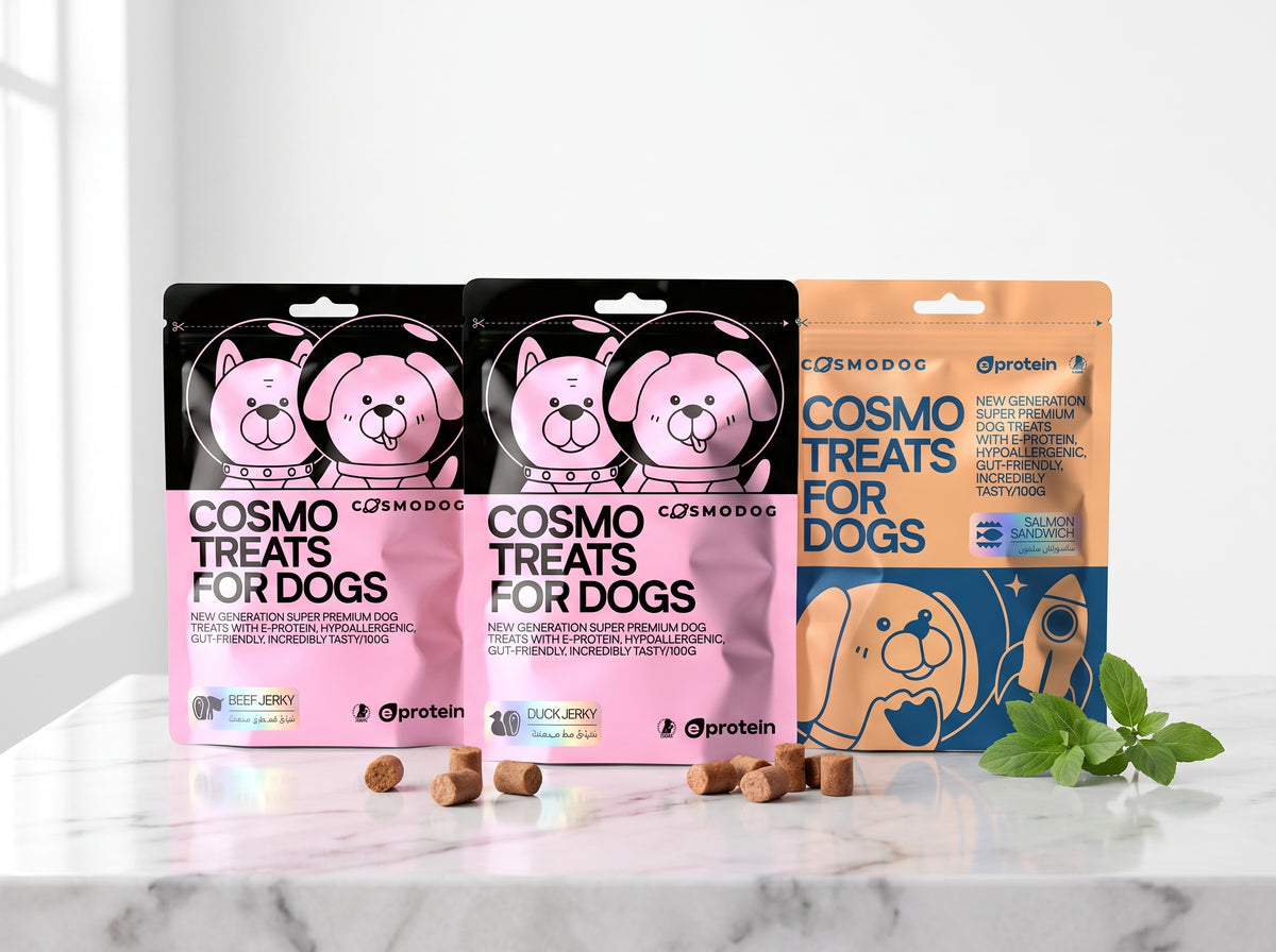 Cosmopet dog treats trio: beef jerky, duck jerky and salmon sandwich, 100g each