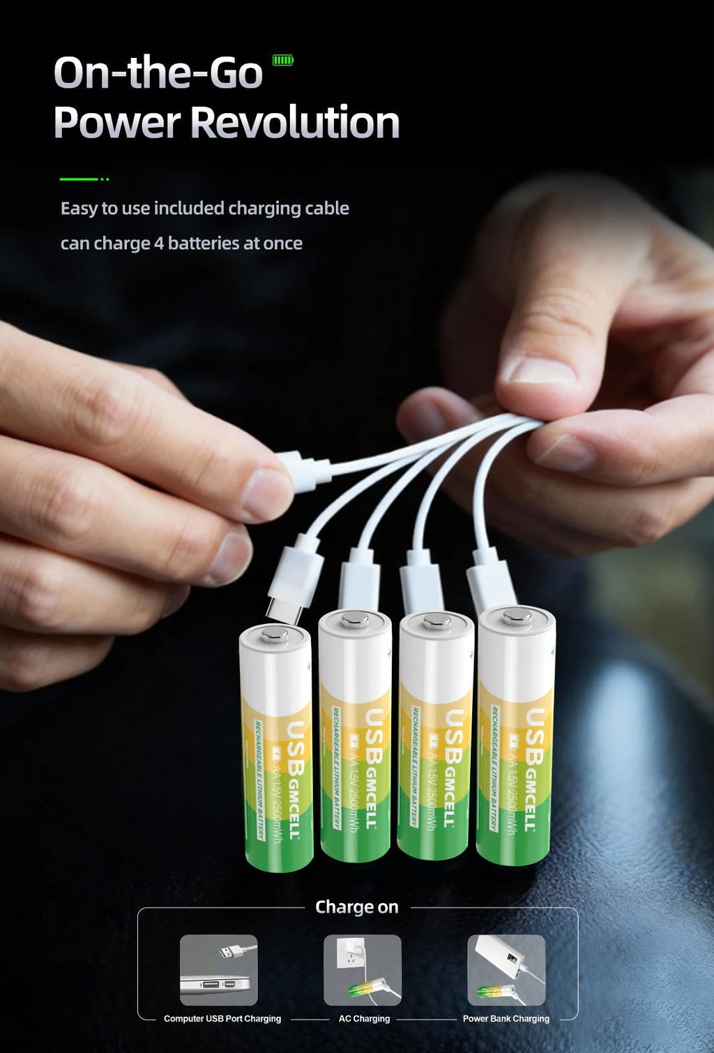 GMCELL AA USB-C Rechargeable Lithium Batteries 1.5V 1400mAh – Pack of 4 with USB Charging Cable