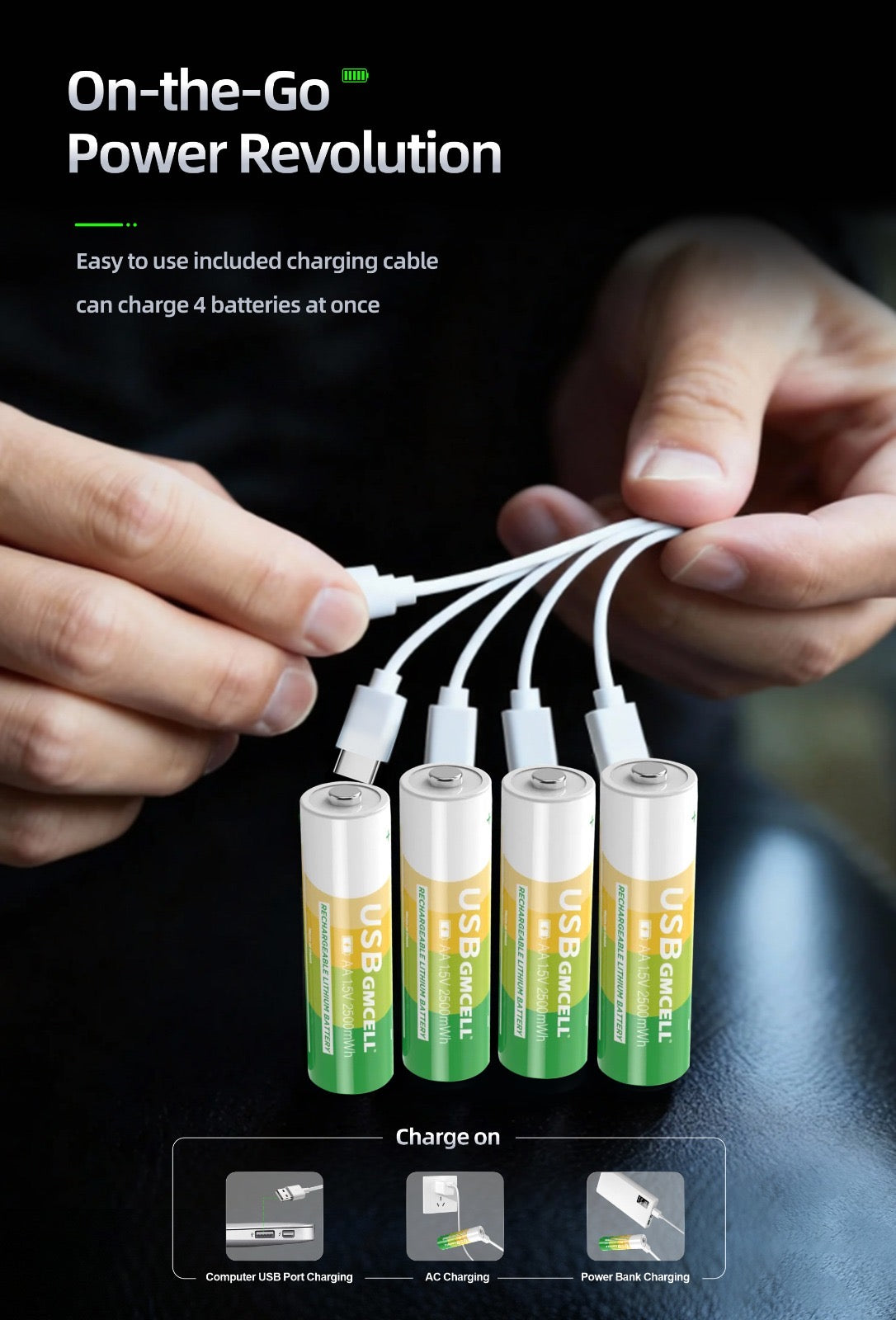 GMCELL AA USB-C Rechargeable Lithium Batteries 1.5V 1400mAh – Pack of 4 with USB Charging Cable