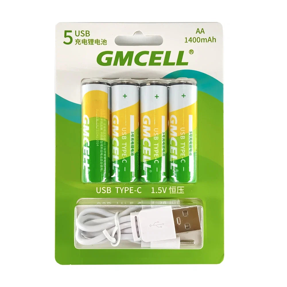 GMCELL AA USB-C Rechargeable Lithium Batteries 1.5V 1400mAh – Pack of 4 with USB Charging Cable