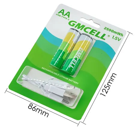 GMCELL AA USB-C Rechargeable Lithium Batteries – 1.5V 2500mWh (2-Pack)
